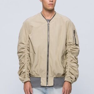 MR.COMPLETELY Jacket Mens Large Beige Ruched Sleeve Bomber Silk Lined Full Zip